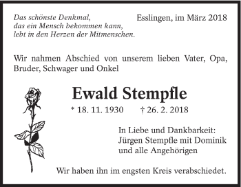 Traueranzeige von Ewald Stempfle von Eßlinger Zeitung/Cannstatter Zeitung