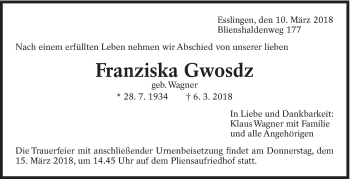 Traueranzeige von Franziska Gwosdz von Eßlinger Zeitung/Cannstatter Zeitung