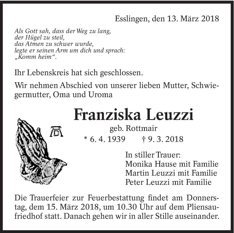  Traueranzeige für Franziska Leuzzi vom 13.03.2018 aus Eßlinger Zeitung/Cannstatter Zeitung