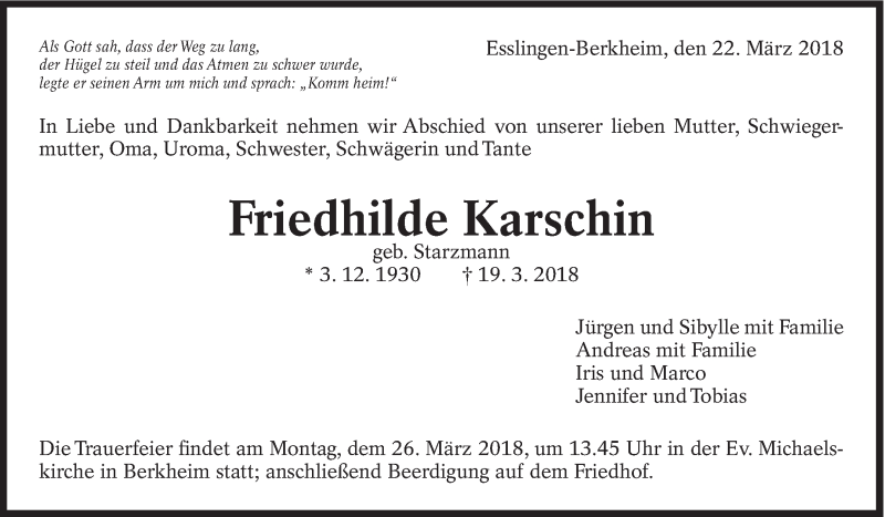 Traueranzeige für Friedhilde Karschin vom 22.03.2018 aus Eßlinger Zeitung/Cannstatter Zeitung