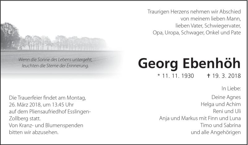  Traueranzeige für Georg Ebenhöh vom 22.03.2018 aus Eßlinger Zeitung/Cannstatter Zeitung