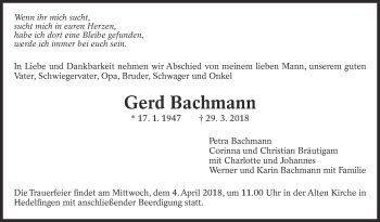 Traueranzeige von Gerd Bachmann von Eßlinger Zeitung/Cannstatter Zeitung