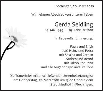 Traueranzeige von Gerda Seidling von Eßlinger Zeitung/Cannstatter Zeitung