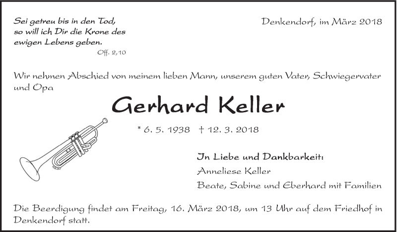  Traueranzeige für Gerhard Keller vom 14.03.2018 aus Eßlinger Zeitung/Cannstatter Zeitung