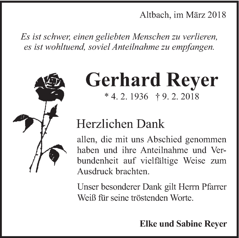  Traueranzeige für Gerhard Reyer vom 13.03.2018 aus Eßlinger Zeitung/Cannstatter Zeitung