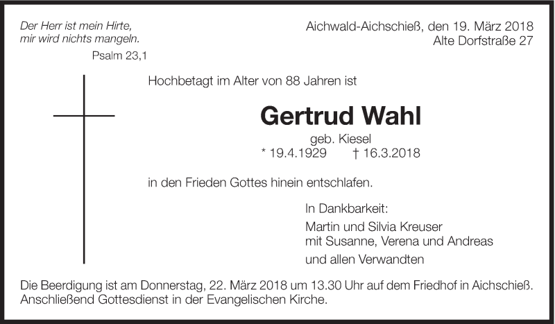  Traueranzeige für Gertrud Wahl vom 19.03.2018 aus Eßlinger Zeitung/Cannstatter Zeitung