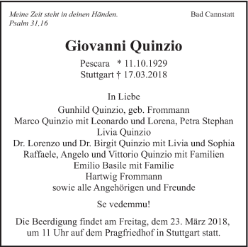 Traueranzeige von Giovanni Quinzio von Eßlinger Zeitung/Cannstatter Zeitung