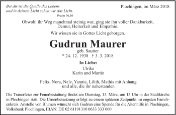 Traueranzeige von Gudrun Maurer von Eßlinger Zeitung/Cannstatter Zeitung