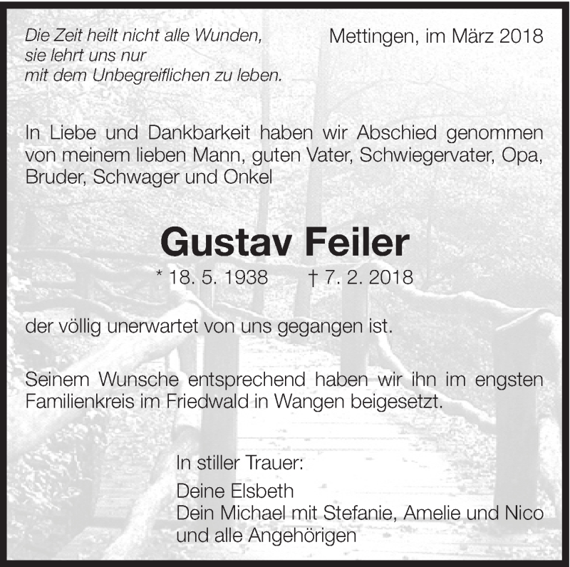  Traueranzeige für Gustav Feiler vom 10.03.2018 aus Eßlinger Zeitung/Cannstatter Zeitung