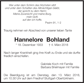 Traueranzeige von Hannelore Bohland von Eßlinger Zeitung/Cannstatter Zeitung