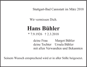 Traueranzeige von Hans Bühler von Eßlinger Zeitung/Cannstatter Zeitung
