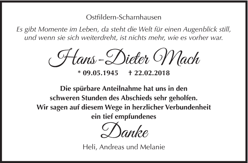  Traueranzeige für Hans-Dieter Mach vom 22.03.2018 aus Eßlinger Zeitung/Cannstatter Zeitung