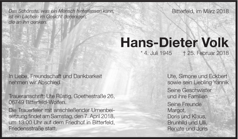 Traueranzeige für Hans-Dieter Volk vom 22.03.2018 aus Eßlinger Zeitung/Cannstatter Zeitung