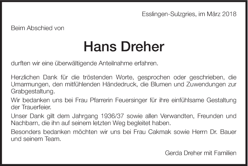  Traueranzeige für Hans Dreher vom 03.03.2018 aus Eßlinger Zeitung/Cannstatter Zeitung