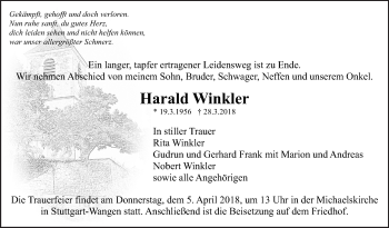 Traueranzeige von Harald Winkler von Eßlinger Zeitung/Cannstatter Zeitung