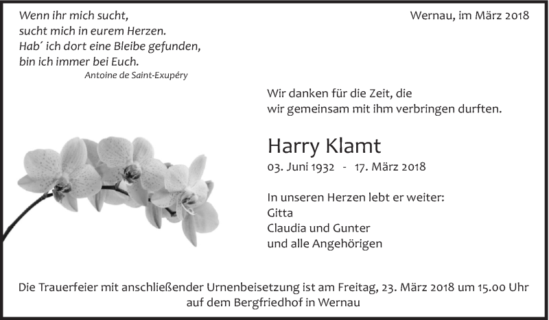  Traueranzeige für Harry Klamt vom 20.03.2018 aus Eßlinger Zeitung/Cannstatter Zeitung