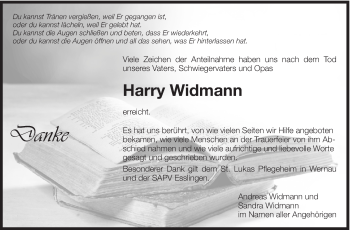 Traueranzeige von Harry Widmann von Eßlinger Zeitung/Cannstatter Zeitung