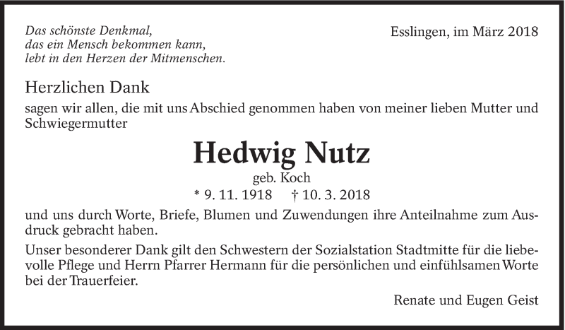  Traueranzeige für Hedwig Nutz vom 24.03.2018 aus Eßlinger Zeitung/Cannstatter Zeitung