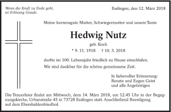 Traueranzeige von Hedwig Nutz von Eßlinger Zeitung/Cannstatter Zeitung