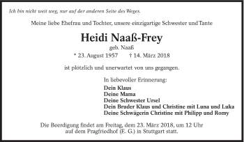 Traueranzeige von Heidi Naaß-Frey von Eßlinger Zeitung/Cannstatter Zeitung