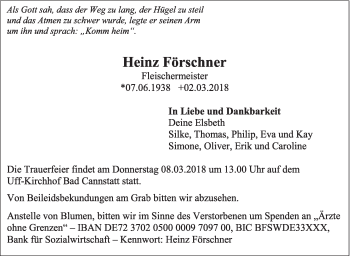 Traueranzeige von Heinz Förschner von Eßlinger Zeitung/Cannstatter Zeitung