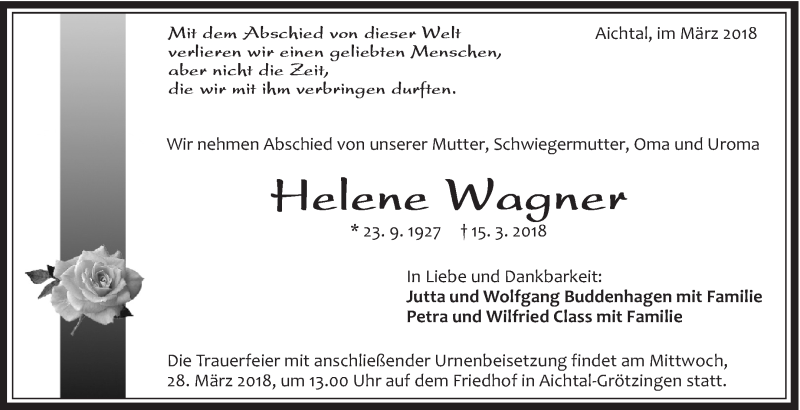  Traueranzeige für Helene Wagner vom 23.03.2018 aus Eßlinger Zeitung/Cannstatter Zeitung