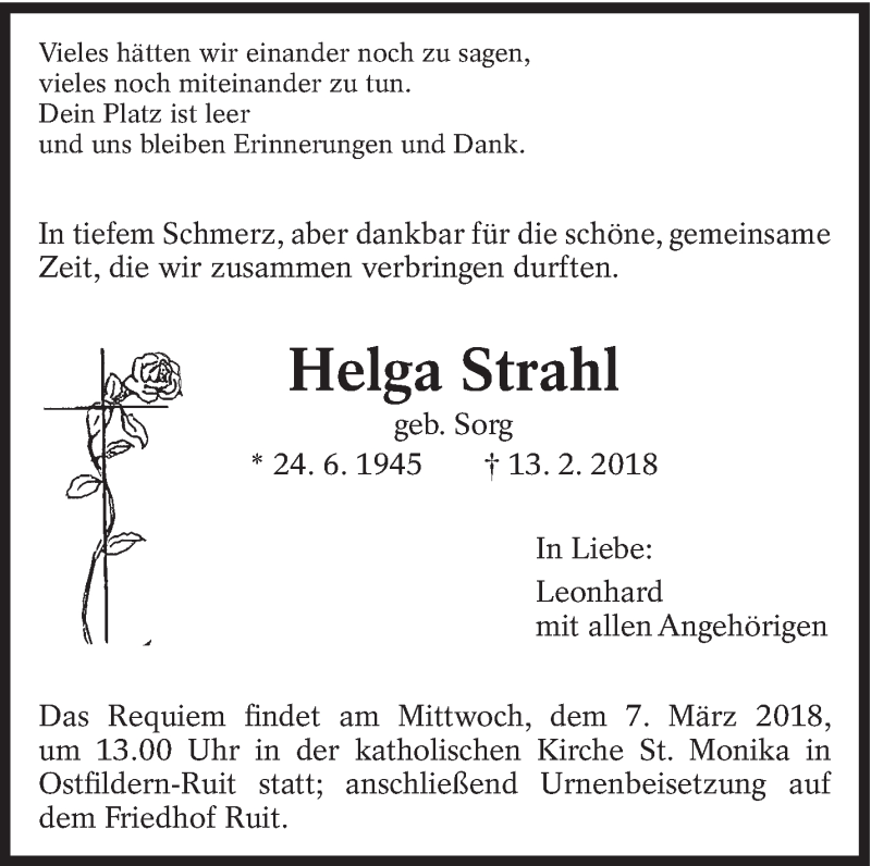  Traueranzeige für Helga Strahl vom 03.03.2018 aus Eßlinger Zeitung/Cannstatter Zeitung