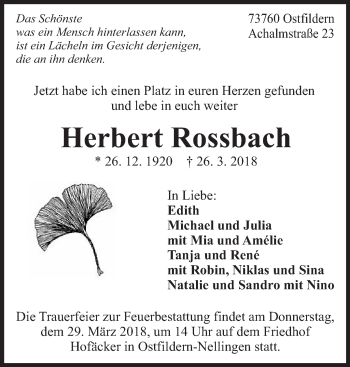 Traueranzeige von Herbert Rossbach von Eßlinger Zeitung/Cannstatter Zeitung