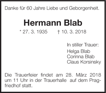 Traueranzeige von Hermann Blab von Eßlinger Zeitung/Cannstatter Zeitung