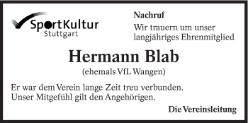 Traueranzeige von Hermann Blab von Eßlinger Zeitung/Cannstatter Zeitung