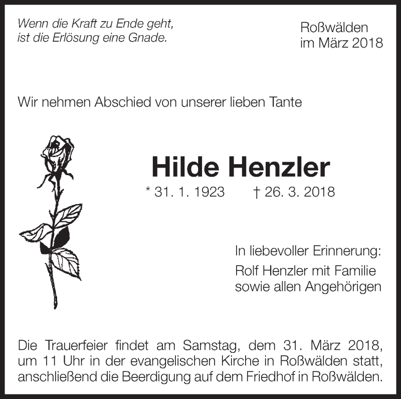  Traueranzeige für Hilde Henzler vom 29.03.2018 aus Eßlinger Zeitung/Cannstatter Zeitung