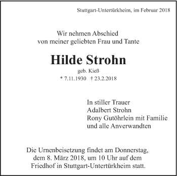 Traueranzeige von Hilde Strohn von Eßlinger Zeitung/Cannstatter Zeitung