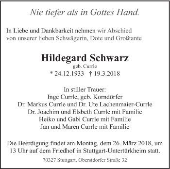 Traueranzeige von Hildegard Schwarz von Eßlinger Zeitung/Cannstatter Zeitung