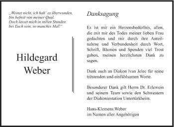 Traueranzeige von Hildegard Weber von Eßlinger Zeitung/Cannstatter Zeitung