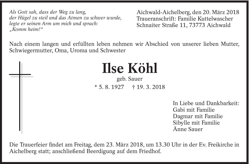  Traueranzeige für Ilse Köhl vom 20.03.2018 aus Eßlinger Zeitung/Cannstatter Zeitung