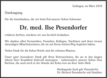 Traueranzeige von Ilse Pesendorfer von Eßlinger Zeitung/Cannstatter Zeitung