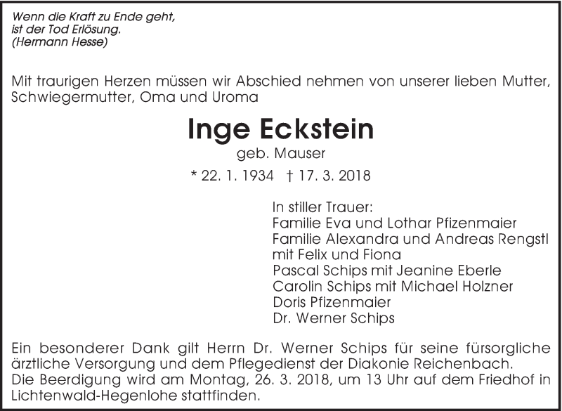  Traueranzeige für Inge Eckstein vom 22.03.2018 aus Eßlinger Zeitung/Cannstatter Zeitung