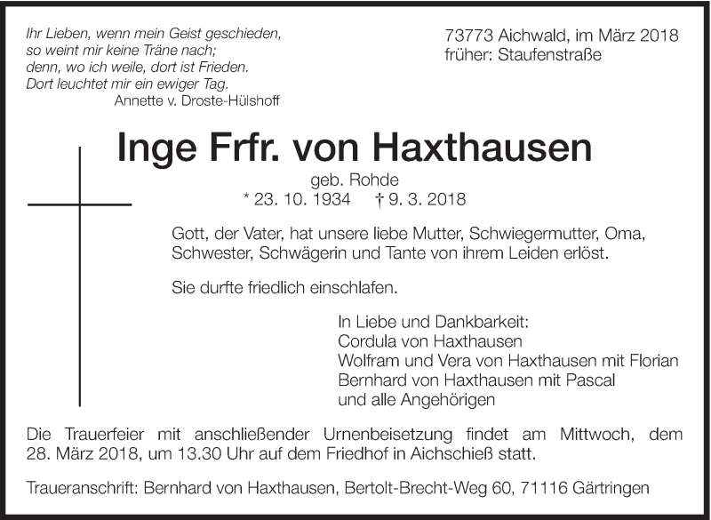  Traueranzeige für Inge Frfr von Haxthausen vom 24.03.2018 aus Eßlinger Zeitung/Cannstatter Zeitung