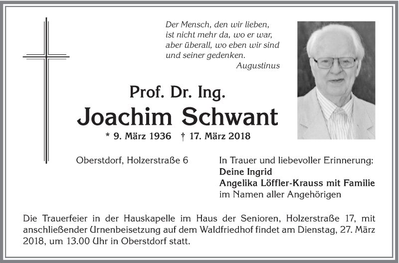 Traueranzeige für Joachim Schwant vom 23.03.2018 aus Eßlinger Zeitung/Cannstatter Zeitung