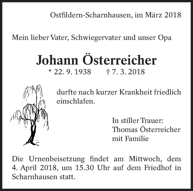  Traueranzeige für Johann Österreicher vom 29.03.2018 aus Eßlinger Zeitung/Cannstatter Zeitung
