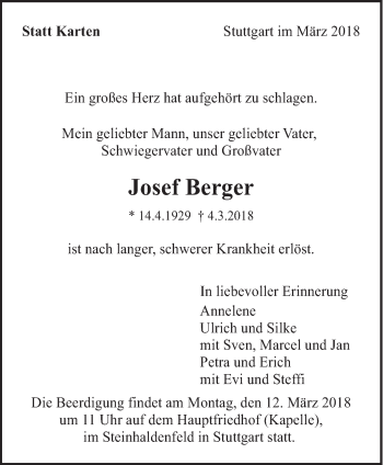 Traueranzeige von Josef Berger von Eßlinger Zeitung/Cannstatter Zeitung