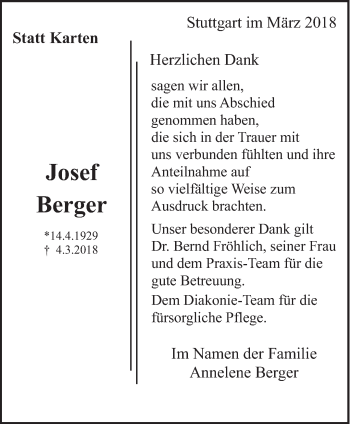 Traueranzeige von Josef Berger von Eßlinger Zeitung/Cannstatter Zeitung