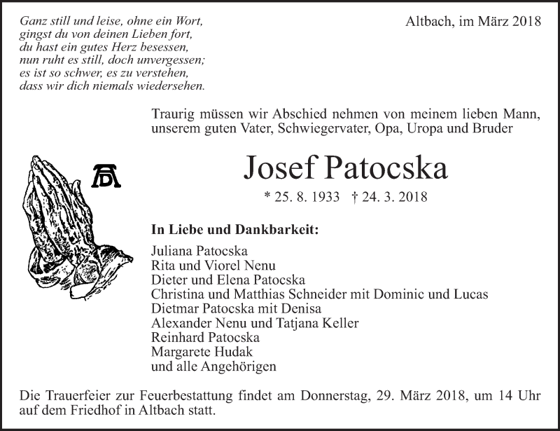  Traueranzeige für Josef Patocska vom 27.03.2018 aus Eßlinger Zeitung/Cannstatter Zeitung