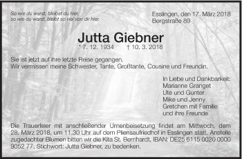 Traueranzeige von Jutta Giebner von Eßlinger Zeitung/Cannstatter Zeitung