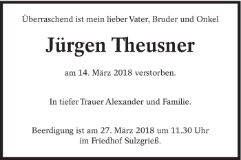 Traueranzeige von Jürgen Theusner von Eßlinger Zeitung/Cannstatter Zeitung