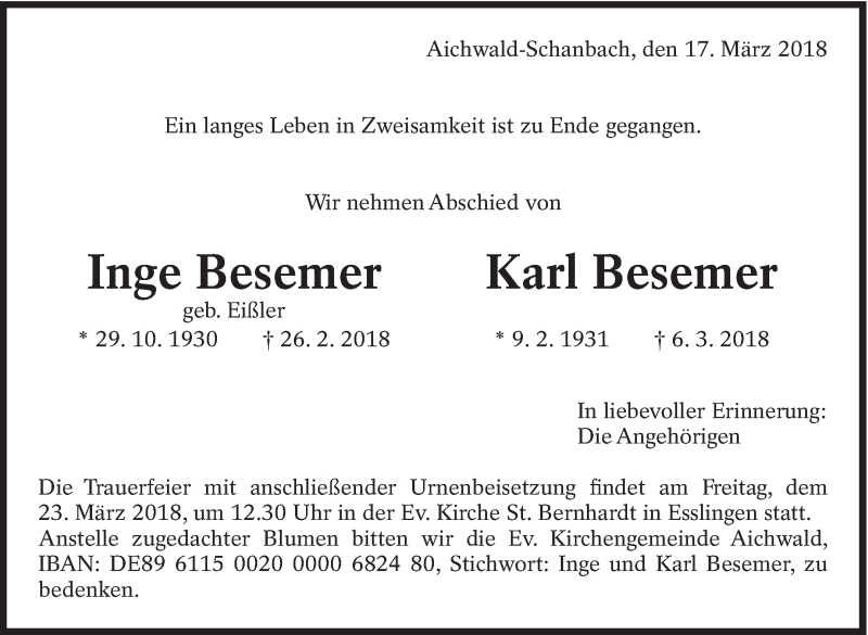  Traueranzeige für Karl Besemer vom 17.03.2018 aus Eßlinger Zeitung/Cannstatter Zeitung