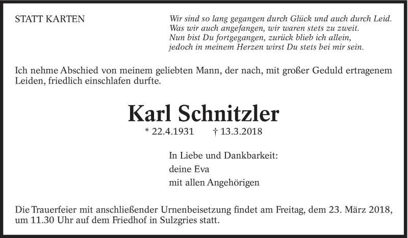 Traueranzeige für Karl Schnitzler vom 19.03.2018 aus Eßlinger Zeitung/Cannstatter Zeitung