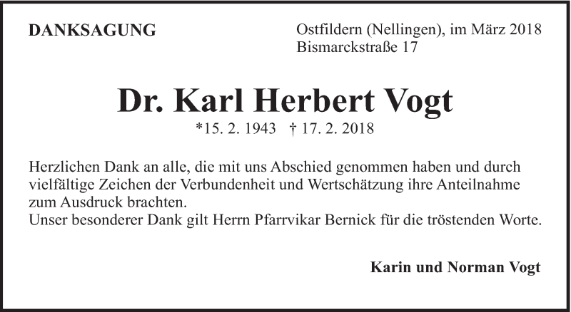  Traueranzeige für Karl Herbert Vogt vom 01.03.2018 aus Eßlinger Zeitung/Cannstatter Zeitung