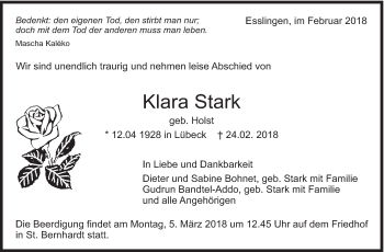 Traueranzeige von Klara Stark von Eßlinger Zeitung/Cannstatter Zeitung