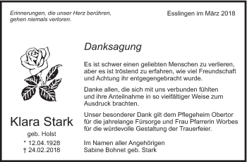 Traueranzeige von Klara Stark von Eßlinger Zeitung/Cannstatter Zeitung